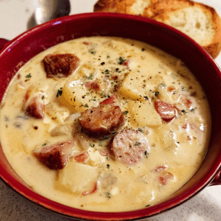 Cheesy Sausage Potato Soup with Crusty Bread